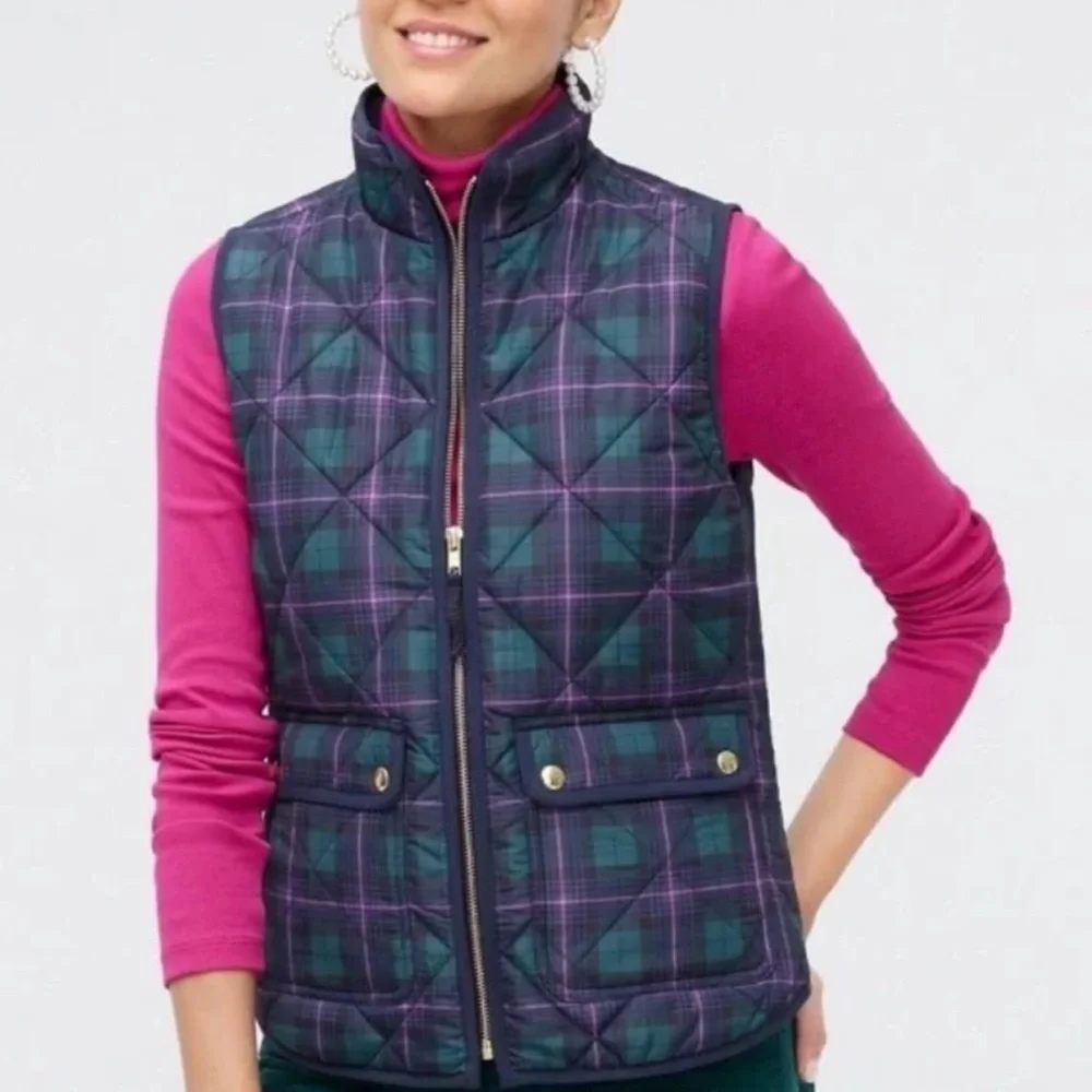 J. Crew Tartan Plaid Quilted Insulated Puffer Vest Jacket Navy Blue Green Pink S